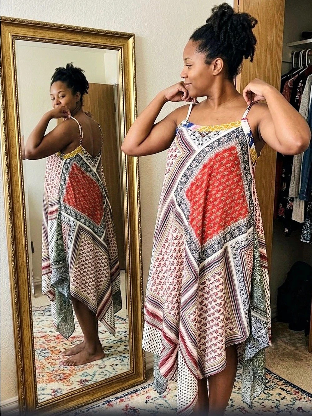 Printed Spaghetti Strap Midi Dress in Red & Blue Like New (B8)